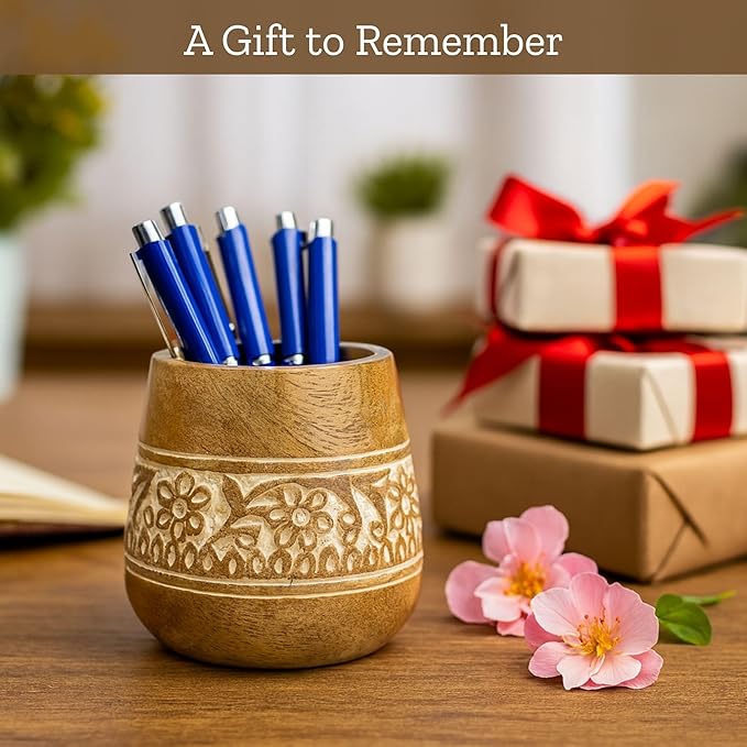 Mie Creations Designer Pencil Holder for Desk Wood | Paintbrush Holder Cup, Desk Accessories, Cute Make Up Brush Organizers | Office Desktop, Wooden Pen Stand | Stationary, Art Supplies | White-4''