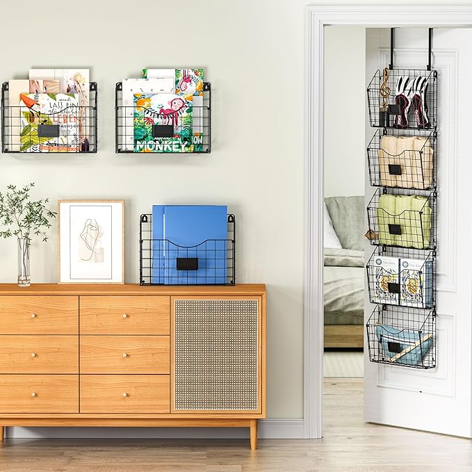 X-cosrack 3-Tier Hanging Wall Files Rack with Door Hooks and 6pcs S Shape Hooks, Over the Door File Organizer &Mounts on Wall Metal Folder, with Tag Slot Great for Office Home and Work- Black