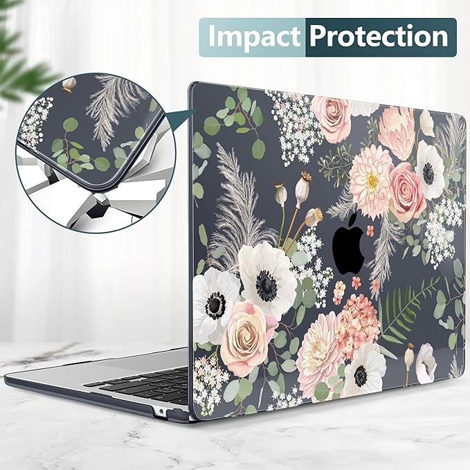 DONGKE Compatible with M4 MacBook Air 15 inch Case 2025 2024 2023 A3241 A3114 A2941 M3 M2 Liquid Retina Display Touch ID, Plastic Hard Case & Keyboard Skin & Screen Protector - Dried Flowers