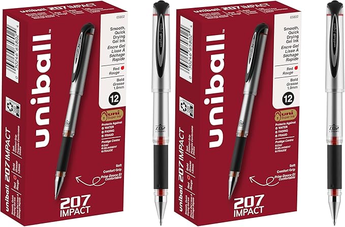 Uni-Ball Signo 207 Impact Gel Pen, 12 Red Pens, 1.0mm Bold Point, Smooth Writing (Pack of 2)