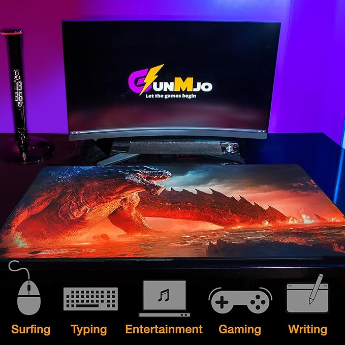 GUNMJO Dragon on fire Extended Gaming Mouse Pad, Ultra-Smooth Surface for Pixel-Precise Mouse Control, Durable Anti-Fray Stitching, Non-Slip Rubber Base, for Gamer, Office & Home, Light & Portable