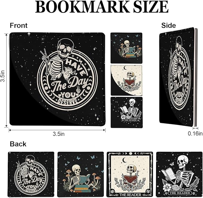 4 Pcs Skull Book Corner Bookmarks, Gothic Skeleton Book Accessories for Book Lovers, Funny Leather Reading Book Page Markers for Women Men Teacher Student Retirement Birthday Gifts