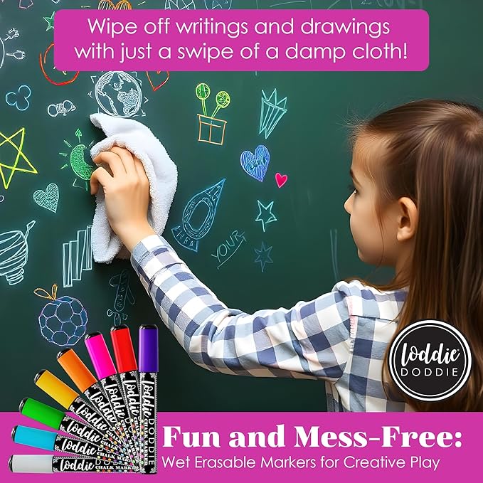 Loddie Doddie Liquid Chalk Markers - 8-Pack, 6mm Reversible Chisel & Bullet Tips - Erasable Neon Pens for Blackboard or Chalkboard - Chalk Markers for Blackboard