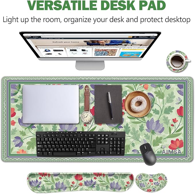 AIMSA Gaming Mouse Pad Wrist Support Set, Desk Pad +Mouse Wrist Rest +Keyboard Wrist Rest +Coaster, 4in1 Ergonomic Mouse Pad Combo for Home Office -Red Purple Flower