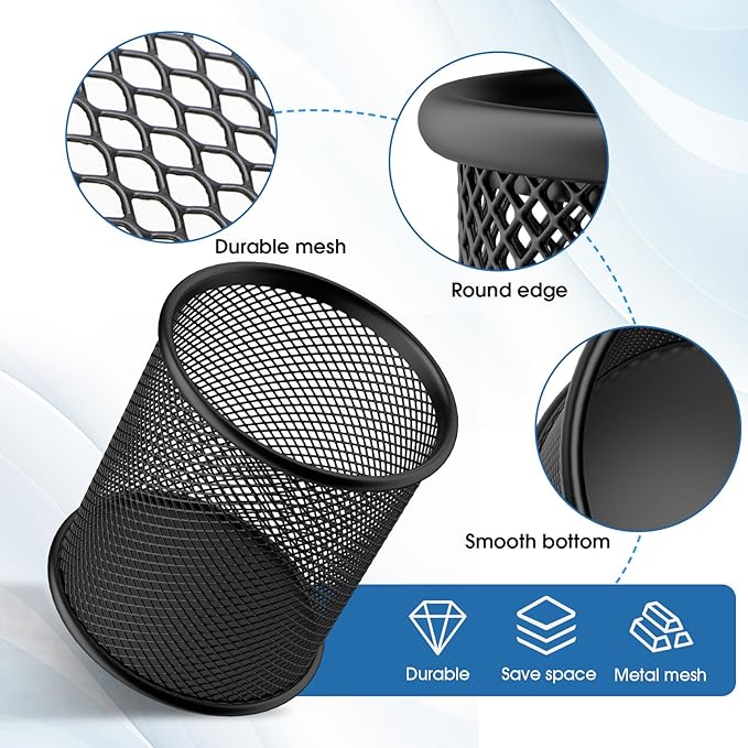 MaxGear Pen Holder, 3 Pack Pencil Holder for Desk, Premium Mesh Metal Desk Organizer with Non-Slip EVA Pad, Desk Accessories & Workspace Organizers for Home, School & Office, Black, 3.7’’ Tall