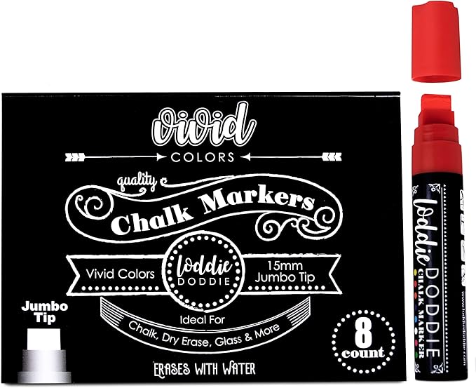 Loddie Doddie Jumbo Chalkboard Markers Pack - 8 Vivid Neon Colors - 15mm Chisel Tip - Erasable Liquid Ink for Signs, Blackboard, Car Window & Bistro - Neon Chalk Markers