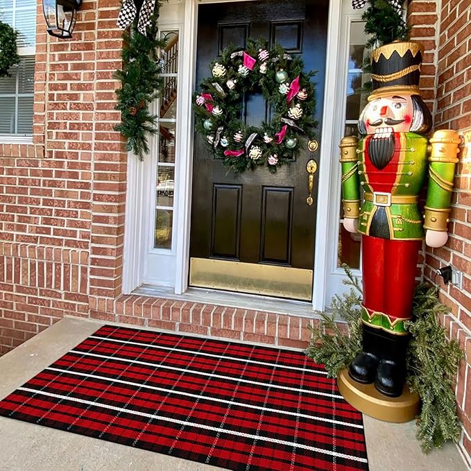 Buffalo Plaid Outdoor Rug Christmas Door Mat Christmas Decor Welcome Rug Cotton Hand-Woven Layered Door Mats for Front Porch, Kitchen, Farmhouse, Entryway (27.5"x43", Red/Black/White)
