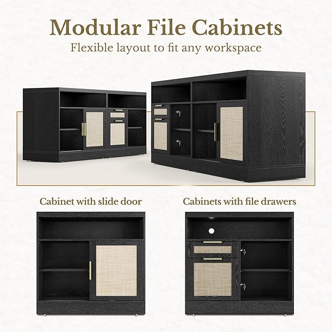 2 Drawer File Cabinet with Lock, 63'' Wood Lateral File Cabinet, Compatible Letter and A4 Size, Rattan Filing Cabinet for Home Office with AC/USB, Adjustable Storage Shelves, Black