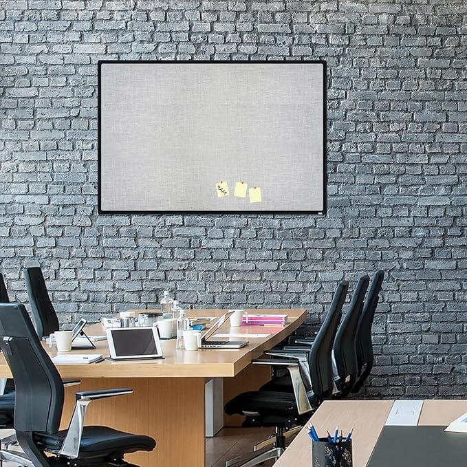 JILoffice Cork Linen Bulletin Board 36 X 24 Inch (Grey), Black Aluminum Frame Wall Mounted Board Memo Pin Board for Office Home and School