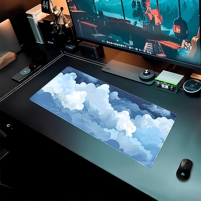 Desk Mat Blue and White Puffy Clouds Desk Pad Cute Gaming Mouse Pad XL Large Mousepad Anime Desk Matt for Desktop, Laptop Computer Keyboard Mouse Mat for Women Office Decor Accessories 31.5x11.8 in