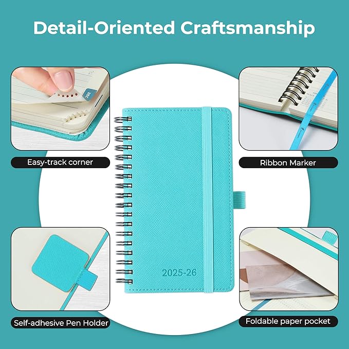 Planner 2025-2026 Daily Weekly and Monthly,6.5"x3.75",18 Months Spiral Bound Calendar Agenda with Self-adhesive Pen Holder,2026 Academic Plan with Vegan Leather Soft Cover,Light Blue