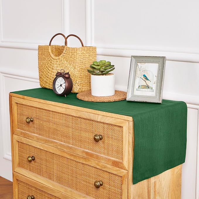 Solino Home Linen Table Runner 72 Inches Long - 100% Pure Linen Pine Green Dining Table Runner 14 x 72 Inch for Fall, Autumn, Thanksgiving, Christmas - Fete