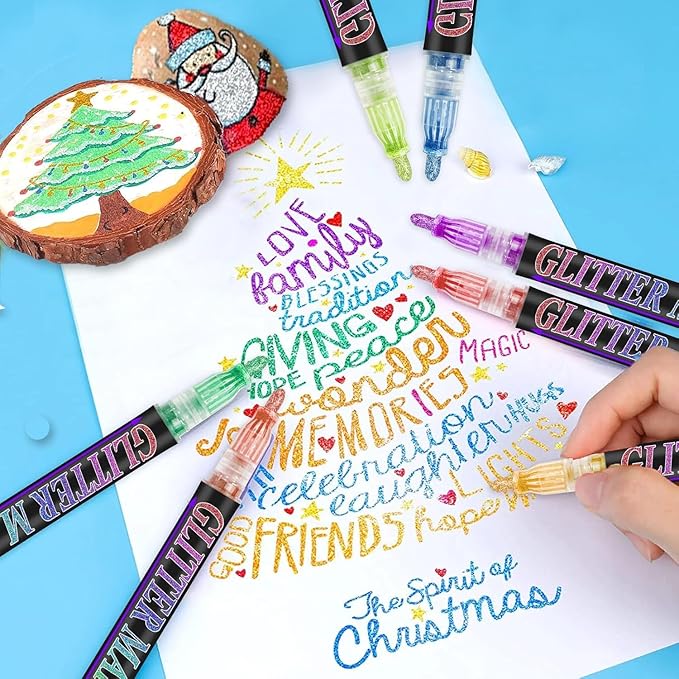 Glitter Marker Pens, 12 Colors Metallic Shimmer Glitter Markers Paint Pens, Glitter Art Marker for Kids Adults DIY Crafts Greeting Birthday Cards Making Poster Album Scrapbooking Wood