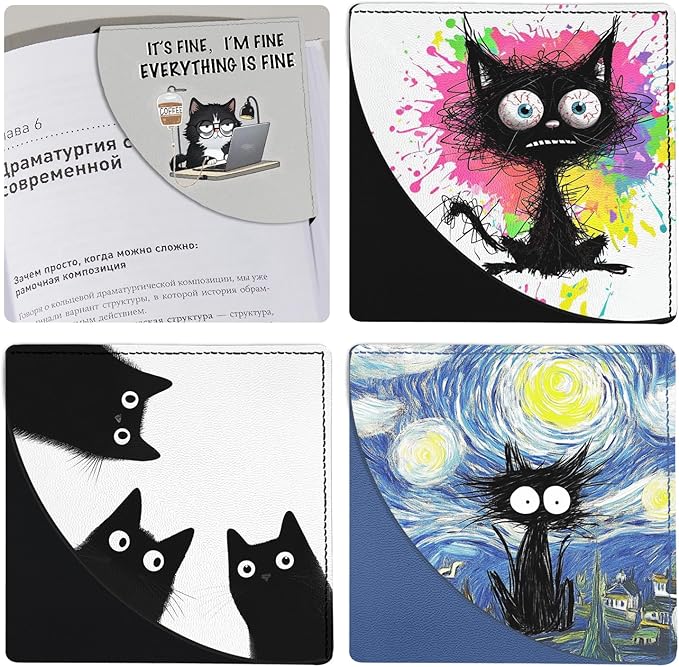Black Cat Bookmarks, Funny Leather Book Accessories for Book Lovers,4 Pcs Cute Corner Page Book Marks for Teachers Students Book Reading Lovers, for School Office Home Supplies