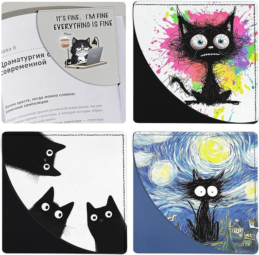 Black Cat Bookmarks, Funny Leather Book Accessories for Book Lovers,4 Pcs Cute Corner Page Book Marks for Teachers Students Book Reading Lovers, for School Office Home Supplies