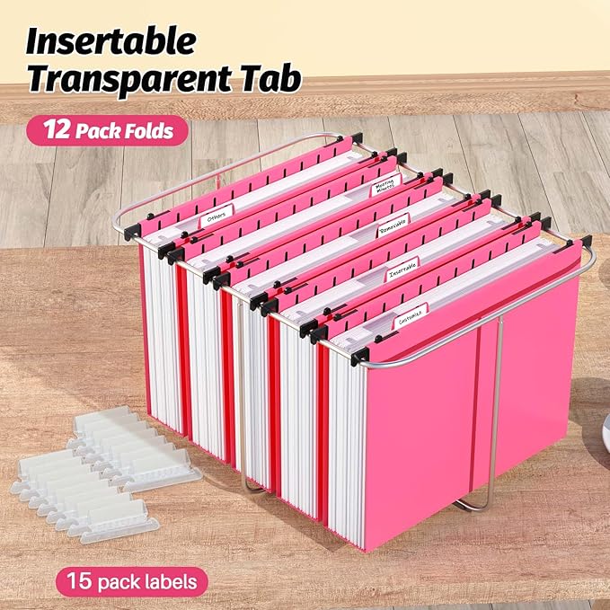 Extra Capacity Plastic Hanging File Folders,12 Pack Reinforced Hang Folders,Heavy Duty 2 Inch Expansion,Plastic Filing Cabinet Folders,Letter Size,Designed for Bulk Files, Medical Charts,Pink