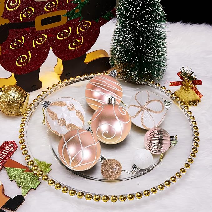 100Pcs Elegant Christmas Balls Set Christmas Tree Ornaments with Glitter and Patterns Bulk Ornaments for Tree as Festive Christmas Decor Xmas Ball Set Champagne White