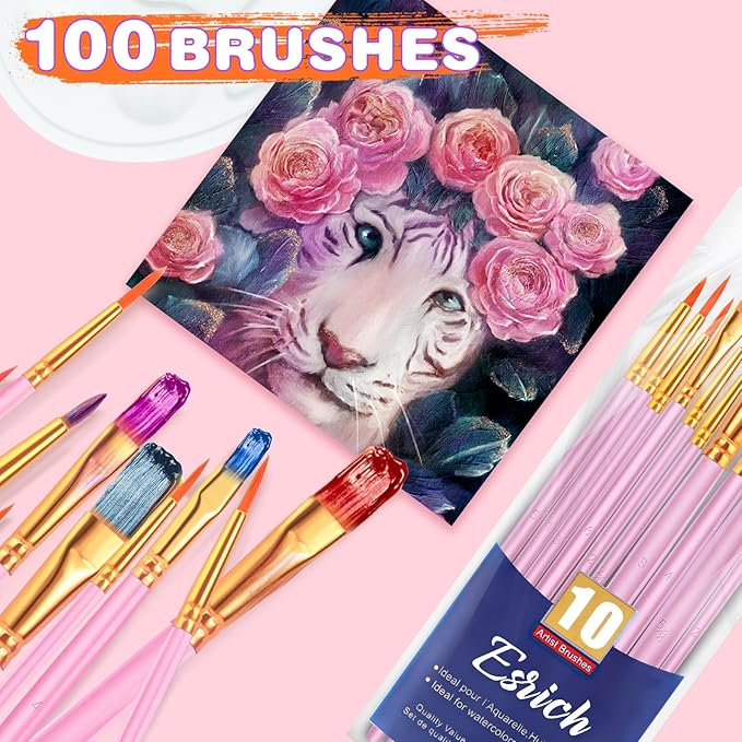 ESRICH Acrylic Paint Brushes Set, 10 Packs/ 100 Pcs Watercolor Brushes,Nylon Brush Head, for Oil Painting, Gouache, Face,Ceramics etc, Kid's and Adults Painting Arts and Crafts Paint Sets.
