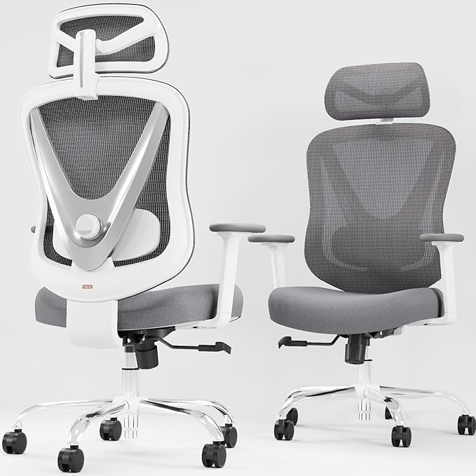 Ergonomic Mesh Office Chair - 3D Adjustable Lumbar Support & 3D Armrests, V-Shaped Back, Adjustable Desk Chair for Office & Home, White