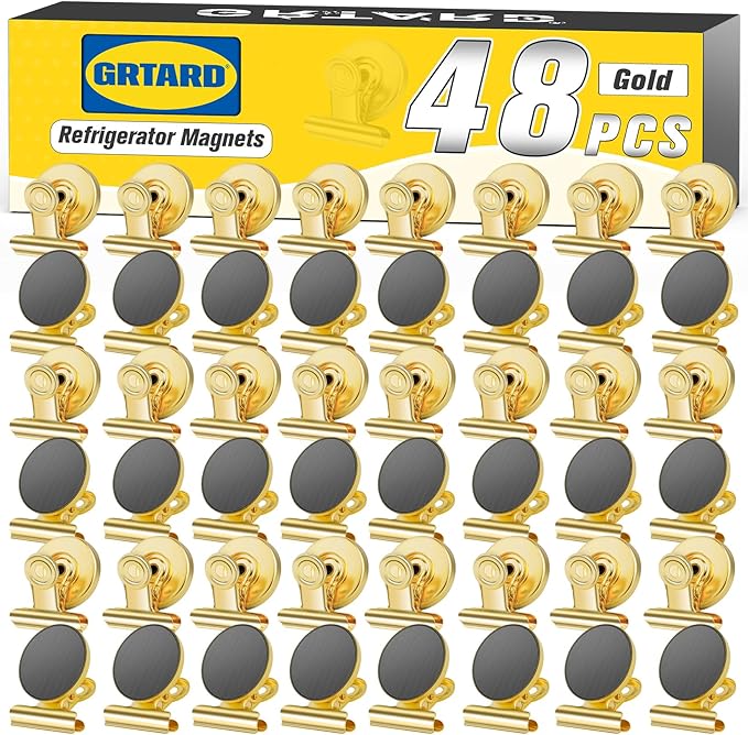 Grtard 48pack Magnetic Clips Heavy Duty, Magnet Clips for Fridge, Refrigerator Magnets, Scratch Free Magnets with Clip, Strong Magnetic Clip for Refrigerator, Whiteboard, Locker, Cruise Cabins (Gold)