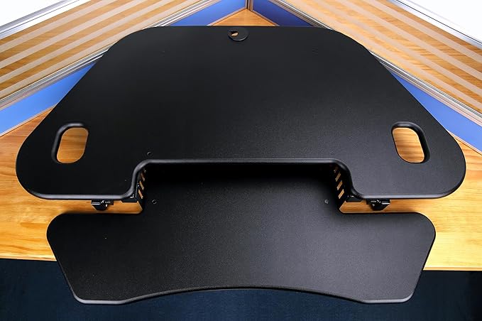 Rocelco 46" Height Adjustable Corner Standing Desk Converter with AC Outlet USB Charger and Anti-Fatigue Floor Mat - Sit Stand Up Tabletop Riser - Keyboard Tray - Black (R CADRB-46-ACUSB-MAFM)