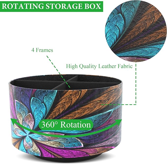 Hennaja Round Leather Art Supply Organizer,Remote Control Holder,360 Degree Rotating,Multi-Functional Pencil Holder,4 Compartments Desktop Stationary Organizer(1-Fractal Flower)