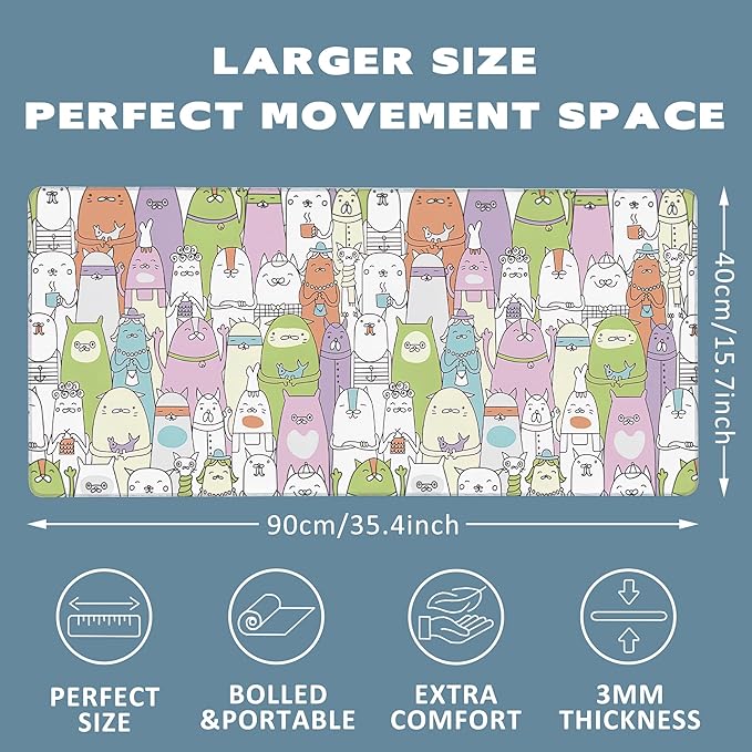 Extended Gaming Mouse Pad Colorful Cats Large Mousepad with Stitched Edges,Anti-Slip Rubber Base Keyboard Mouse Mat Desk Pad for Gaming Home Office 35.4 x 15.7 inches