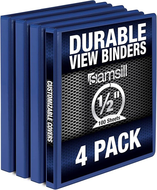 Samsill Durable .5 Inch Binder, Made in the USA, Round Ring Customizable Clear View Binder, Blue, 4 Pack (MP48412)