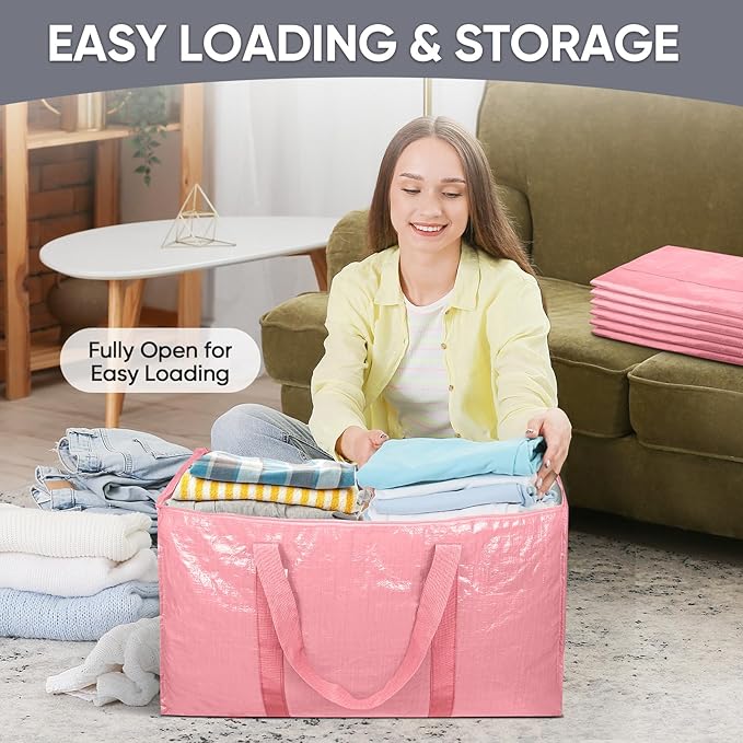 TICONN 6 Pack Extra Large Moving Bags with Zippers & Carrying Handles, Heavy-Duty Storage Tote Moving Boxes for Space Saving (6 Pack, Coral)