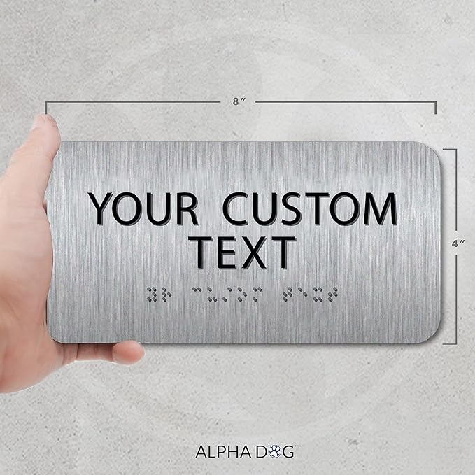 ALPHA DOG ADA SIGNS Custom ADA Compliant Braille Sign, 4"x8" Room Identification Plaque, Tactile Text, Raised Letters, Personalized 2-Line, Indoor/Outdoor, USA-Made (Brushed Stainless)