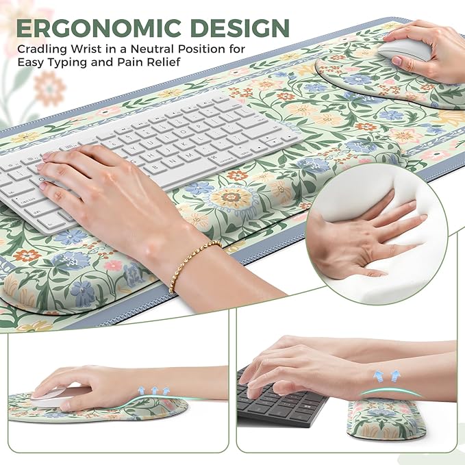 iCasso Desk Cover Mat, Gaming Mouse Pad Wrist Support Set,4in1 XXL Large Mousepad + Keyboard Wrist Rest+Mouse Wrist Rest+Coaster Set with Ergonomic Design for Home Office Table Computer(Green Flowers)