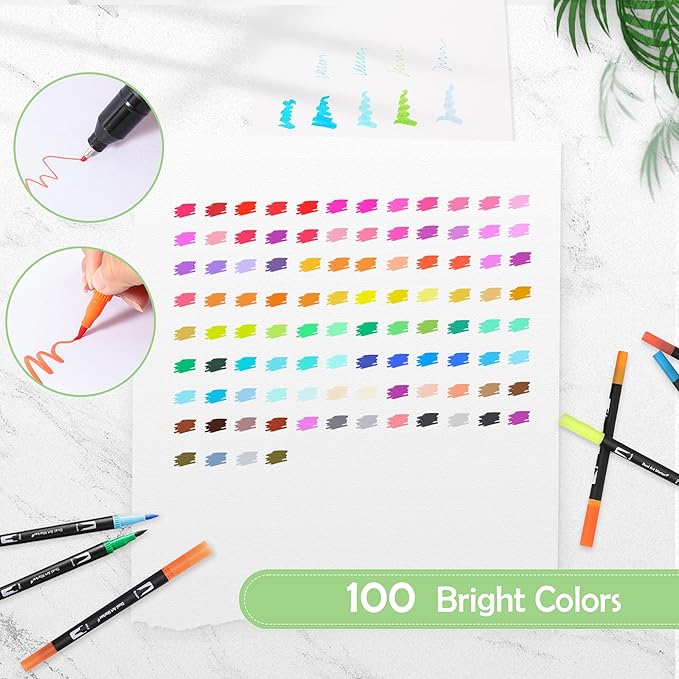 nauets 100 Colors Brush & Fine Dual Tip Watercolor Markers Set for Kids Adults Coloring Books No Bleeding Paint Pens For Drawing Note taking Planner Calligraphy Journaling Card Making Art Supplies