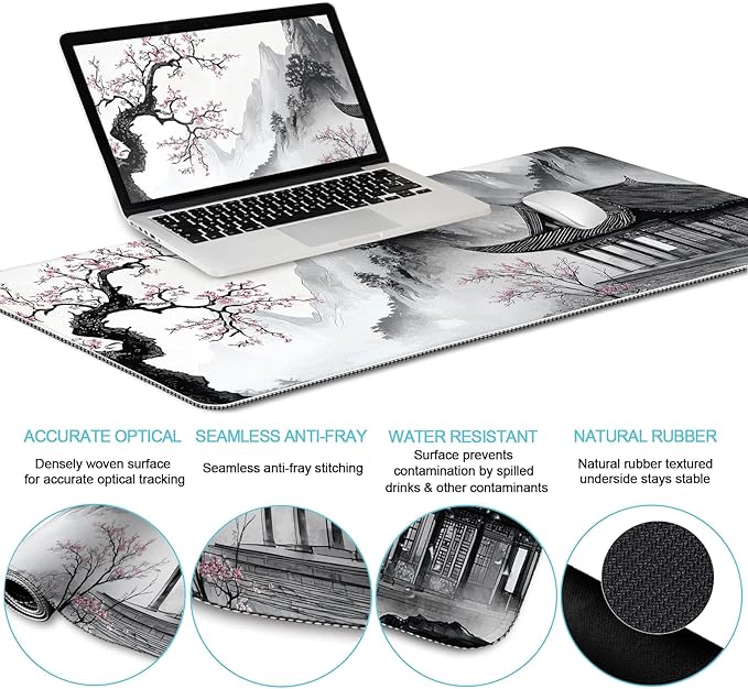 Japanese Ergonomic Mouse Pad Large Desk Mat Set, XXL Anime Mousepad with Wrist Rest, Wrist Support Gaming Keyboard Mat Cup Coaster Set, Japanese Style Office Desk Accessories Decor
