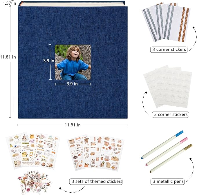 Vienrose Premium Scrapbook Photo Album with Writing Space 12"x12", DIY Scrapbook Album with 60 Pages, Large Photo Book for Baby Family Travel Vacation, Navy Blue