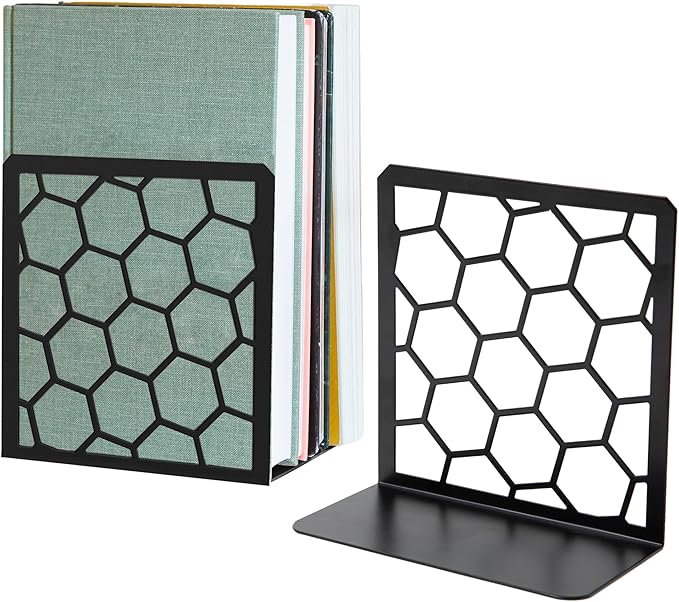 GEOMOD Geometric Honeycomb Black Metal Bookends Decorative - Tall Sturdy Book Ends for Shelves - Modern Heavy Duty Bookend Stopper - Office or Home Book Shelf Book Holder - 6x3.25x6.25 Inches - 1 Pair