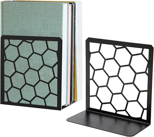 GEOMOD Geometric Honeycomb Black Metal Bookends Decorative - Tall Sturdy Book Ends for Shelves - Modern Heavy Duty Bookend Stopper - Office or Home Book Shelf Book Holder - 6x3.25x6.25 Inches - 1 Pair