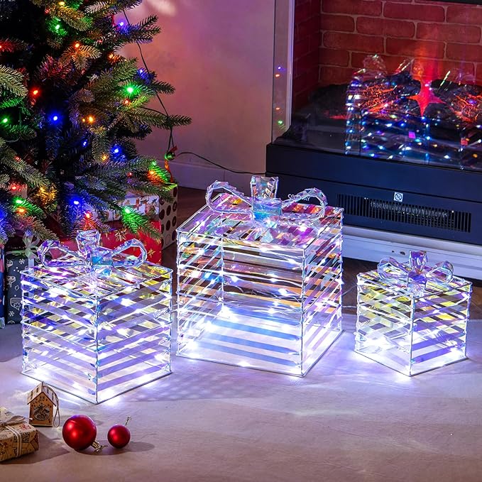 Tangkula Set of 3 Christmas Lighted Gift Boxes, Pre-lit 90 LED Light Up Present Box Decorations with Bows and Plug, Indoor Outdoor Xmas Boxes for Christmas Tree, Holiday Party Decorations