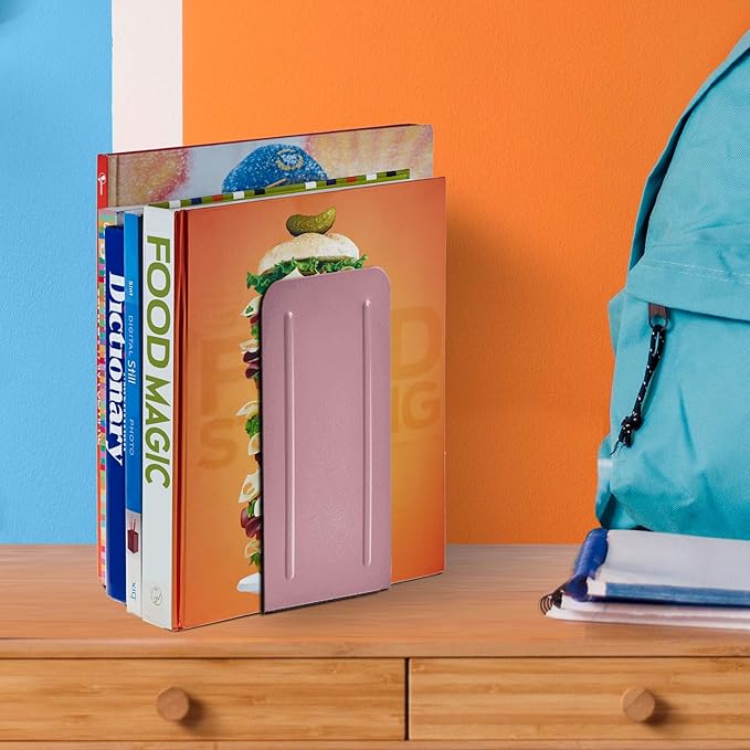 Acrimet Metal Bookends, Jumbo Size 9" H x 4" W x 4-1/2" D, Non-Skid Book Stand for Shelves, Heavy Duty Book Stopper, Pink, 1 Pair