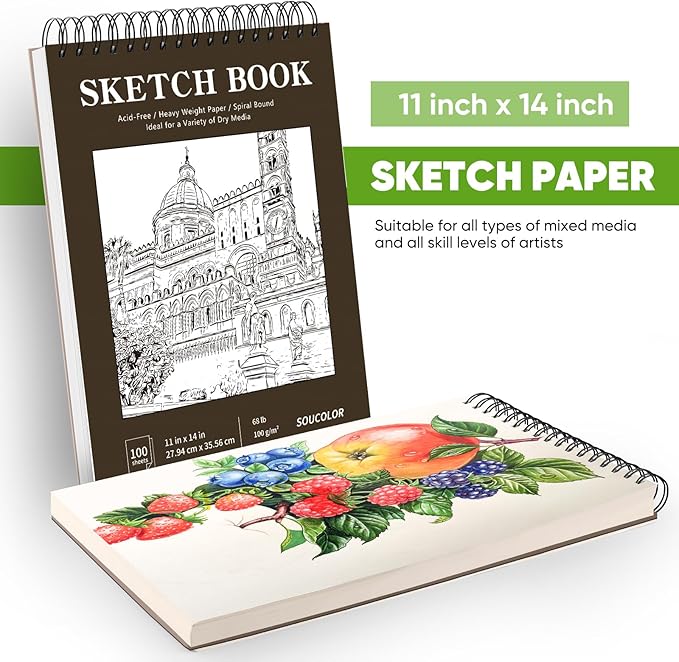 Soucolor 11" x 14" Large Sketchbook, 100 Sheets 68lb/100gsm Top Spiral Bound Large Sketch Pad, Acid Free Big Sketch Paper for Drawing, Illustration, Art Class Students
