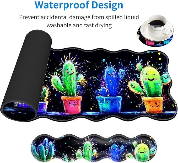 Large Mouse Pad and Keyboard Wrist Rest, Desk Pad for Keyboard and Mouse, 4-in-1 Large Gaming Mouse Pad with Wrist Support, Desk Mat for Home Office Study Game-Cute Cactus