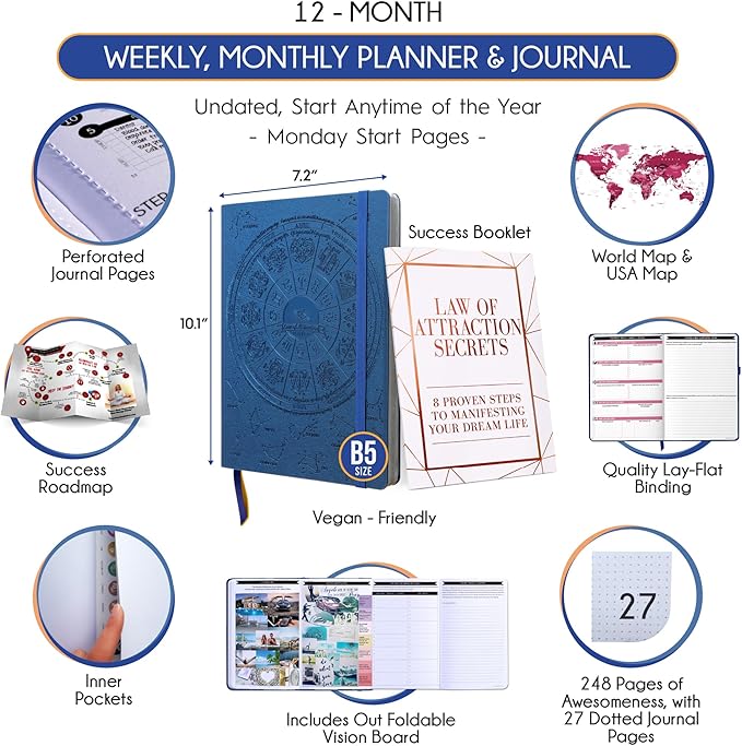 Law of Attraction Planner – Undated Hourly, Weekly & Monthly Goal Setting Planner, 12-Month to Increase Productivity | Life & Gratitude Journal, Include Foldable Vision Board, Gift Box & Stickers