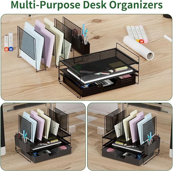 Desk Organizer, Office Organization with Vertical File Holder, File Organizer with Drawer and Pen Holder, Desk Accessories and Workspace Organizers for Home Office (Black)