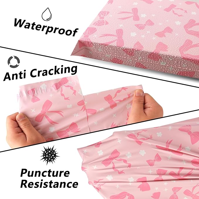 Poly Mailers 10x13 Inch 100 Pcs - Pink Bow printed Shipping Bags, 2.4mil Thickness, Waterproof and Tear Resistant Mailing Envelopes, Self-Sealing Packaging Bags for Small Business