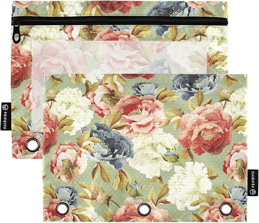 ALAZA Pencil Pouch for 3 Ring Binder, Retro Peony Floral Binder Pencil Pouches with Clear Window Zipper Pencil Case Cosmetic Bags for Office College Supplies, 2PCS