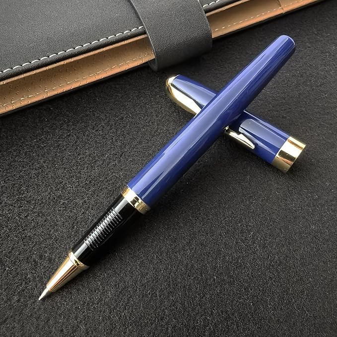 HSK Ballpoint Pens Executive Fountain Pen with Gold Trim, Gift Box Set, Available in Black, Red, Navy Blue,Black Refill Line width 0.5mm (Blue)