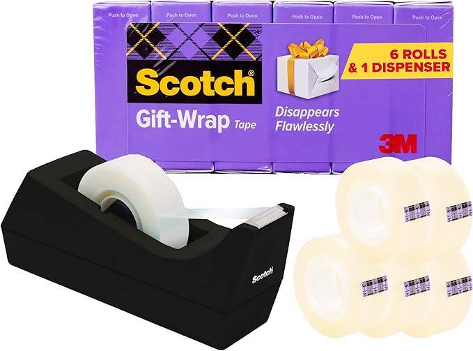Scotch Gift Wrap Tape with Scotch Desktop Dispenser, 6 Rolls of 3/4" x 1000" Each Plus 1 Desktop Tape Dispenser, Great for Gift Wrapping