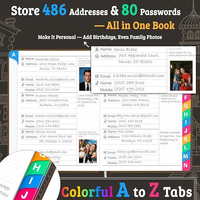 Address Book with Colorful Alphabetical Tabs (4.7" X 6.2") – Telephone Address Contact Book for Seniors, Address Book with Space for Website Address and Internet Passwords (Royal Brown)