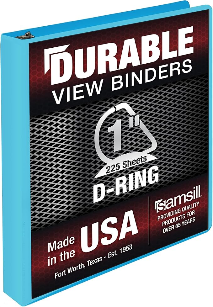 Samsill Durable 1 Inch Binder, Made in The USA, D Ring Binder, Customizable Clear View Cover, Blue Coconut, Holds 225 Pages