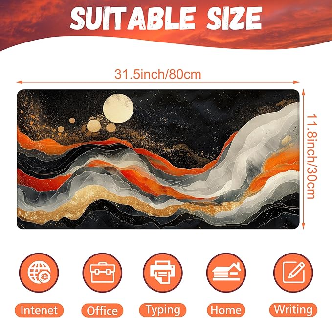 Large Gaming Mouse Pad, Orange Golden Waves Desk Mat, Abstract Art Painting Desk Pad, 31.5"x15.7" Extended Big Computer Keyboard Mouse Pad with Non-Slip Base and Stitched Edge