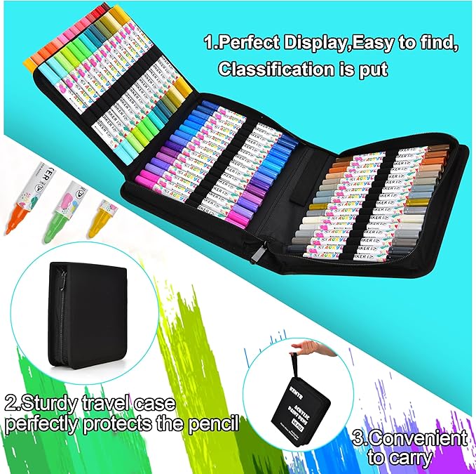 60 Colors Acrylic Paint Pens, Dual Tip Acrylic Paint Markers for Paper, Wood, Canvas, Stone, Rock Painting, Glass, Fabric, DIY, Ceramic, Art Supplies for Kids and Adults Drawing (Dot + Fine)